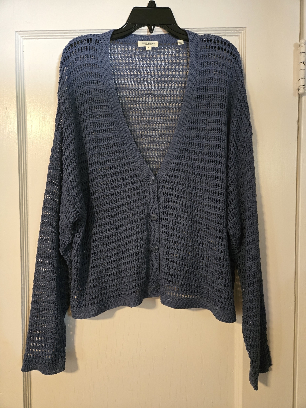 Max Studio Open-Knit Button Cardigan in Slate Blue